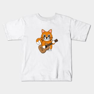 Cute Orange White Cat Playing Guitar Cartoon Kids T-Shirt